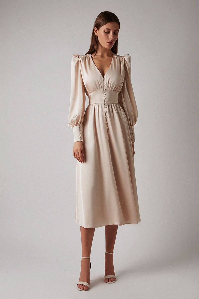 Follow Me Spring Bishop Midi Dress - Jewelclues | #color_beige