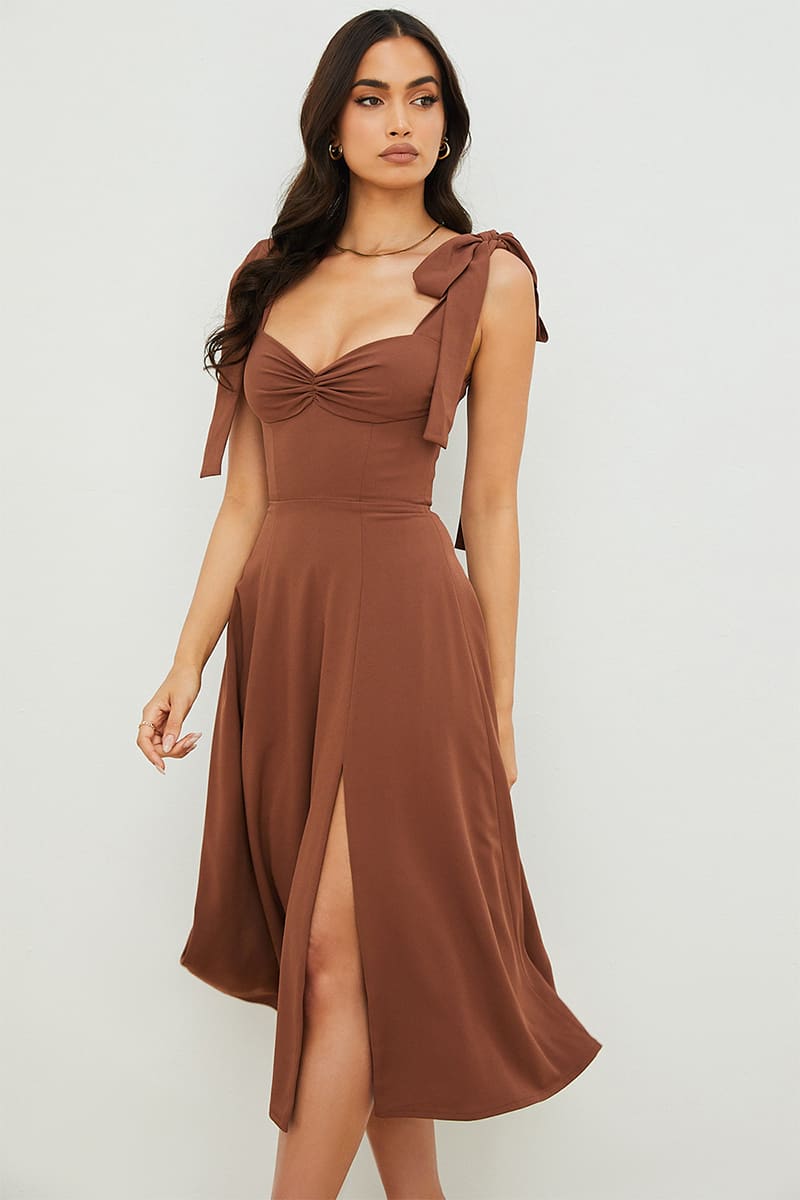 Color_Brown | Full Heart Tie-Strap Midi Dress | Jewelclues