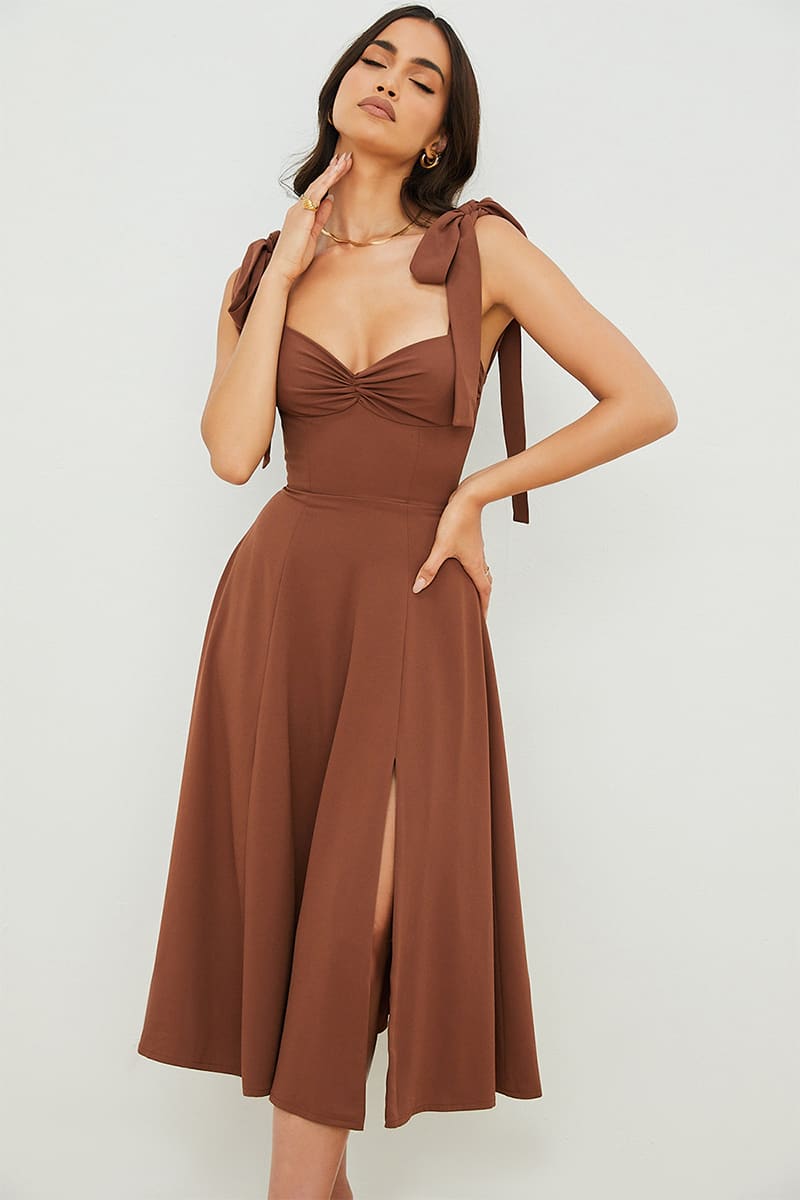 Color_Brown | Full Heart Tie-Strap Midi Dress | Jewelclues