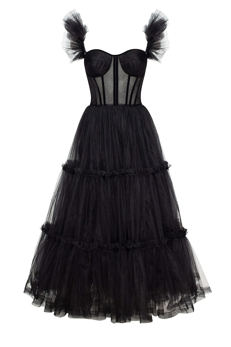 Geisha Bustier Tulle Midi Dress | Jewelclues | #color_black