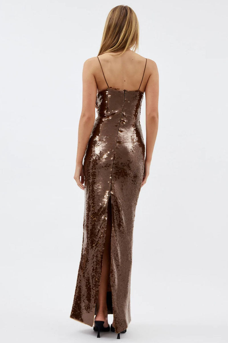 Glamorous Affair Bustier Brown Sequin Maxi Dress | Jewelclues