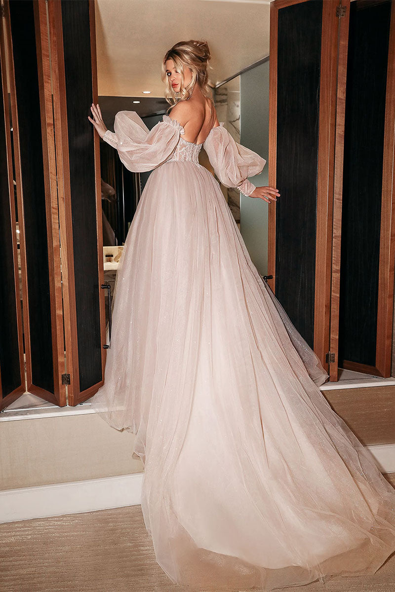 Hearst Removable Sleeves Embroidered Tulle Wedding Dress | Jewelclues | #color_blush pink