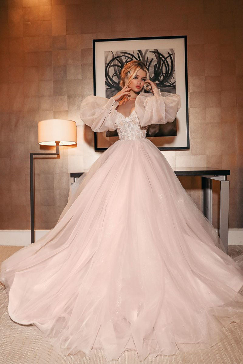 Hearst Removable Sleeves Embroidered Tulle Wedding Dress | Jewelclues | #color_blush pink