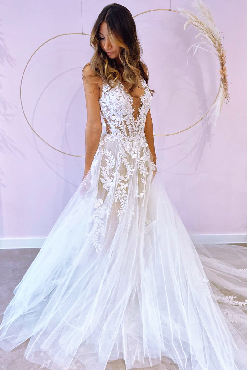 Heavenly Love A-Line Backless Wedding Dress | Jewelclues | #color_white