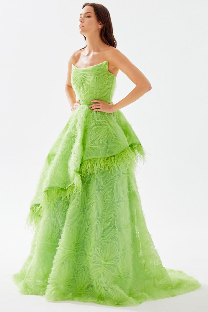 Color_Lime Green | Henri Strapless Feather Trimmed Gown | Jewelclues