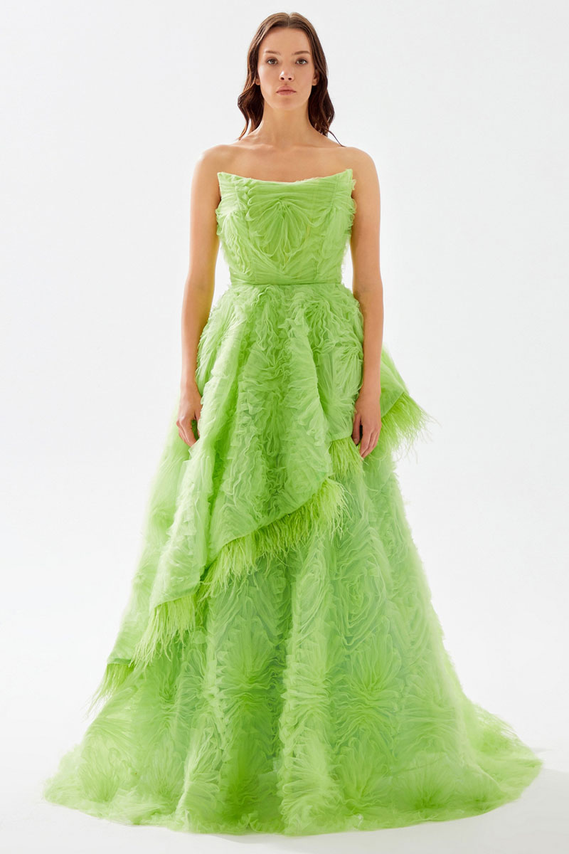 Henri Strapless Feather Trimmed Gown | Jewelclues | #color_lime green