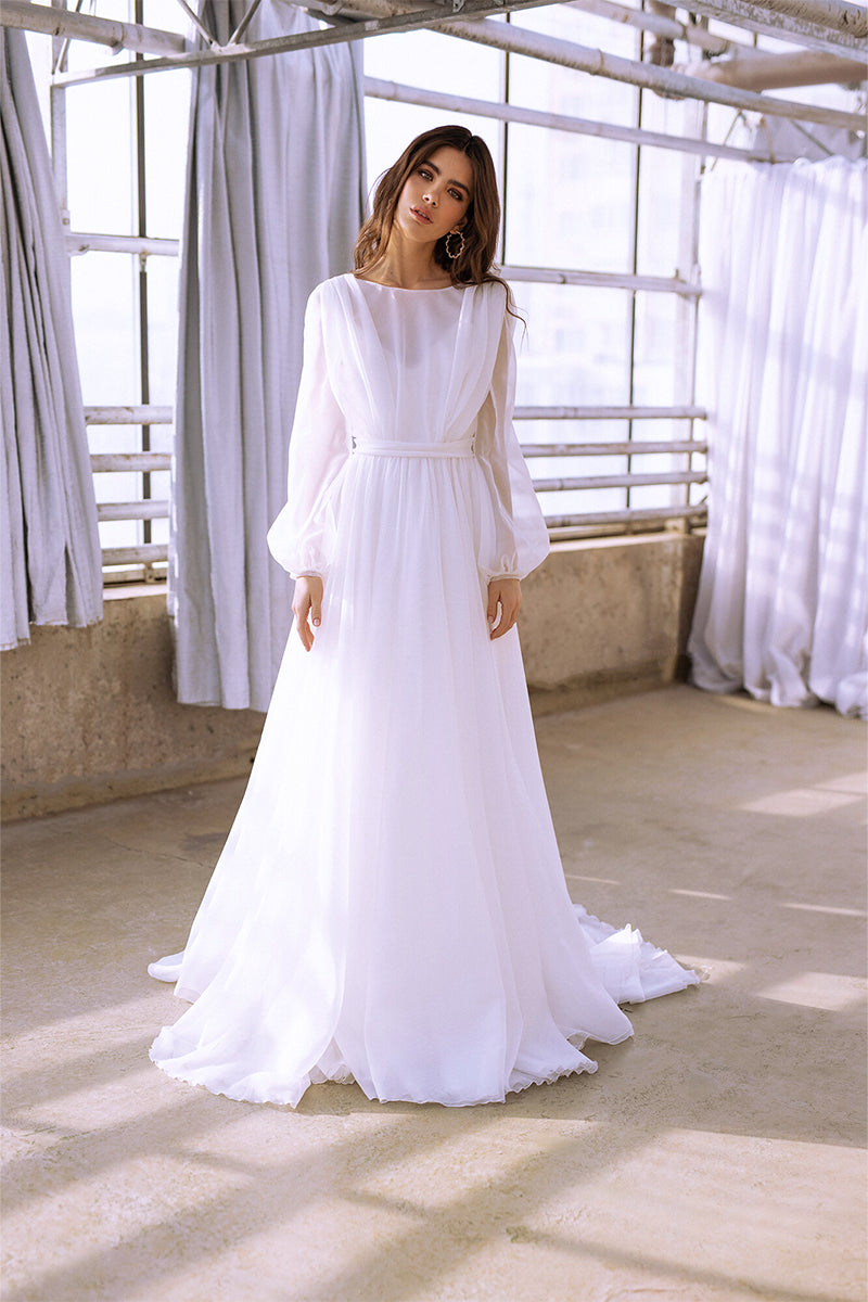 Jasmine Long Sleeve Wedding Gown | Jewelclues | #color_white