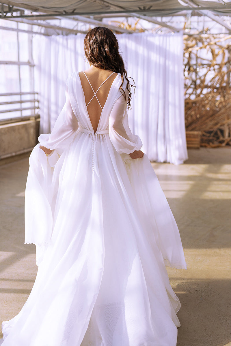 Jasmine Long Sleeve Wedding Gown | Jewelclues | #color_white