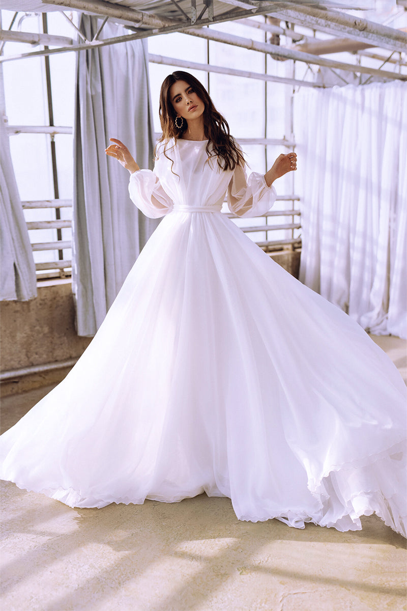 Jasmine Long Sleeve Wedding Gown | Jewelclues | #color_white