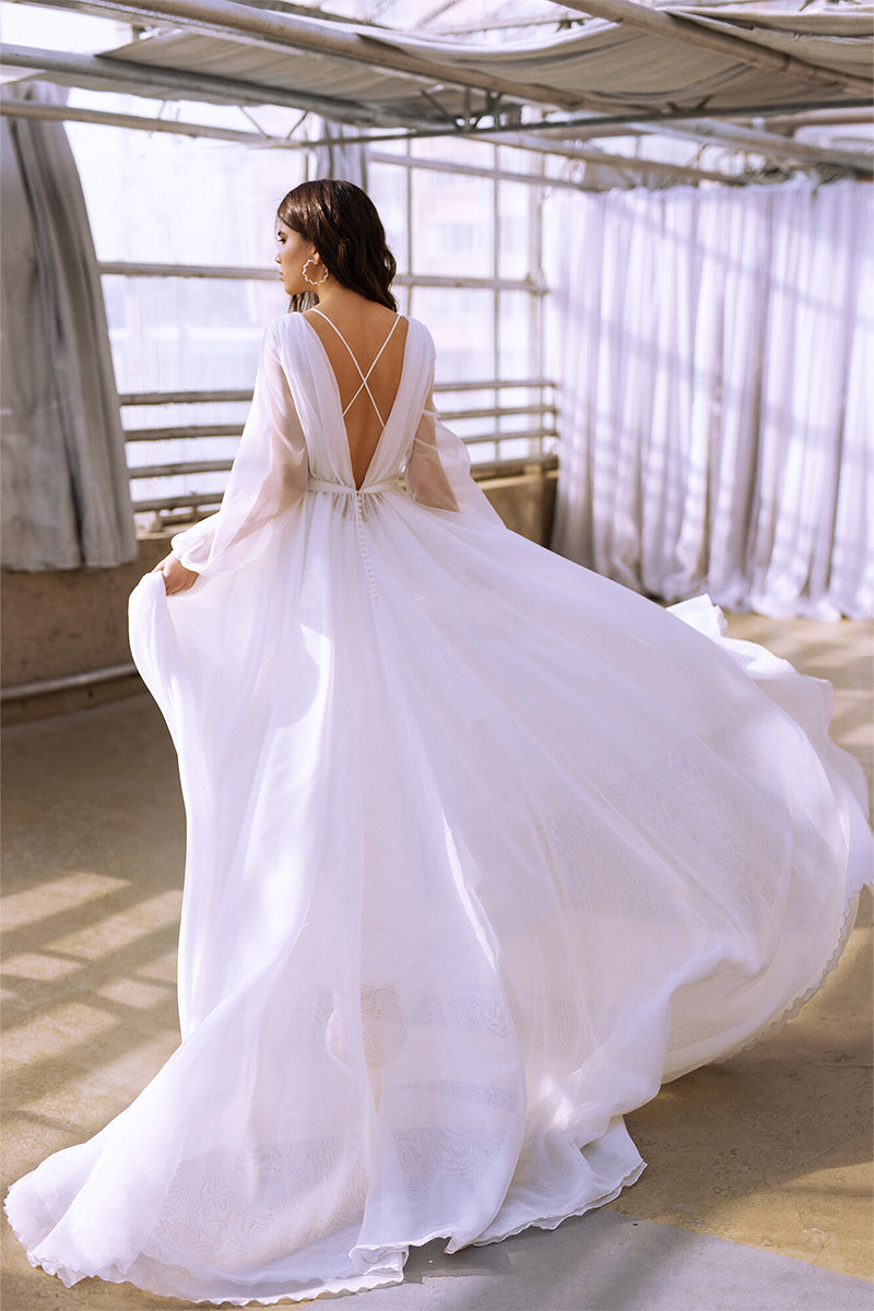 Jasmine Long Sleeve Wedding Gown | Jewelclues | #color_white