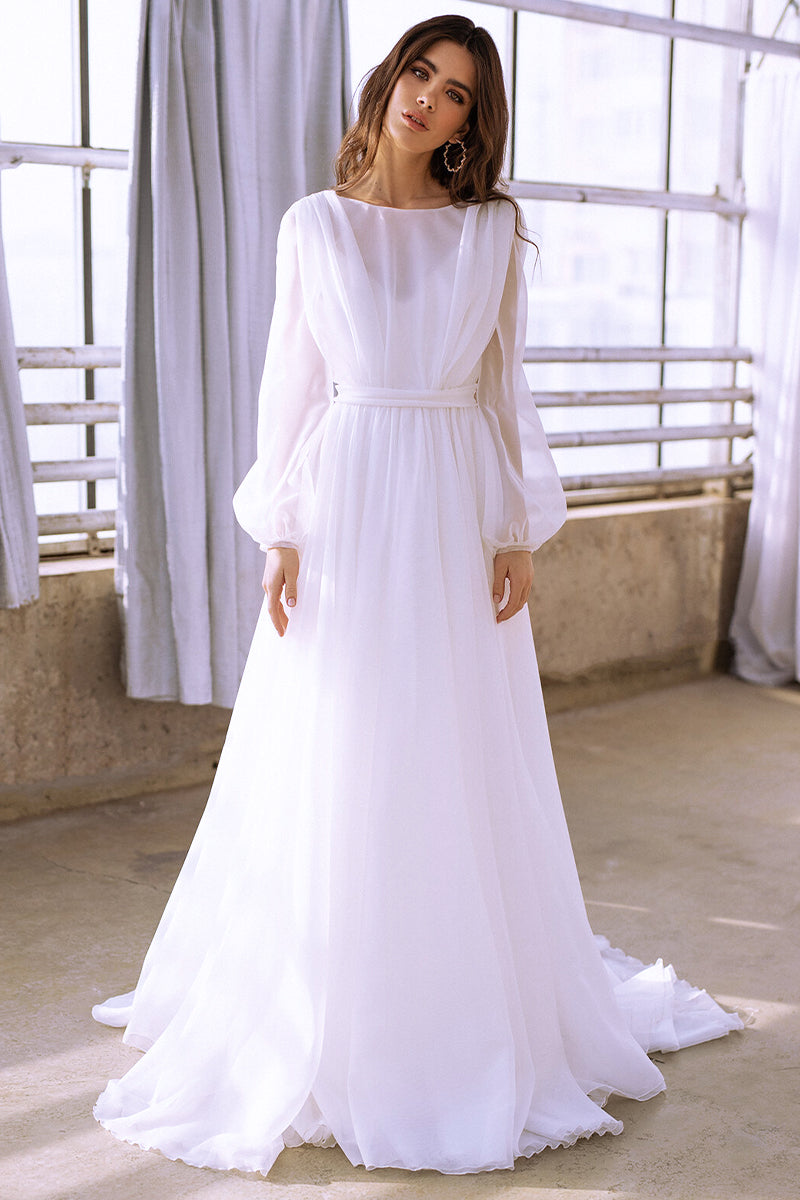 Jasmine Long Sleeve Wedding Gown | Jewelclues | #color_white