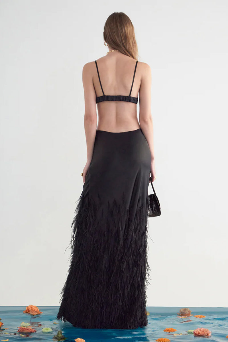 Lena Satin Cutout Ostrich Feather Maxi Dress | Jewelclues | #color_black