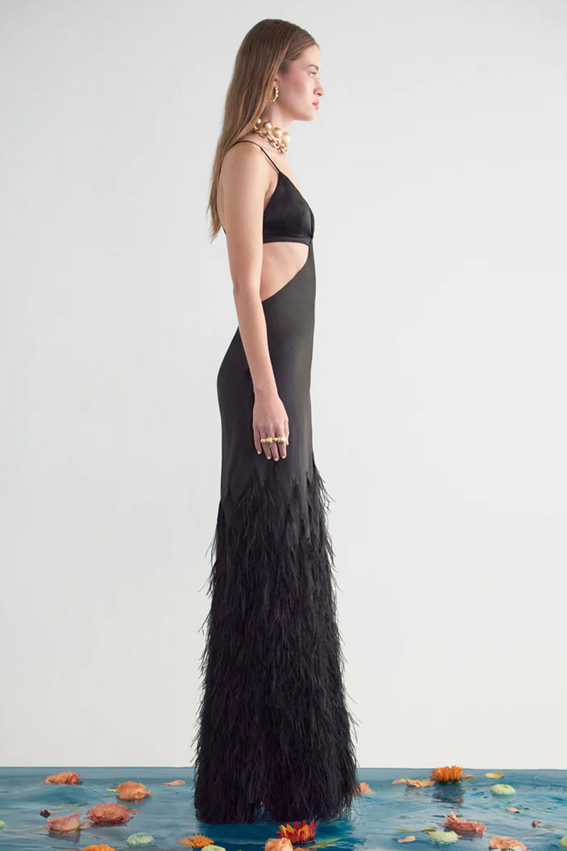 Lena Satin Cutout Ostrich Feather Maxi Dress | Jewelclues | #color_black