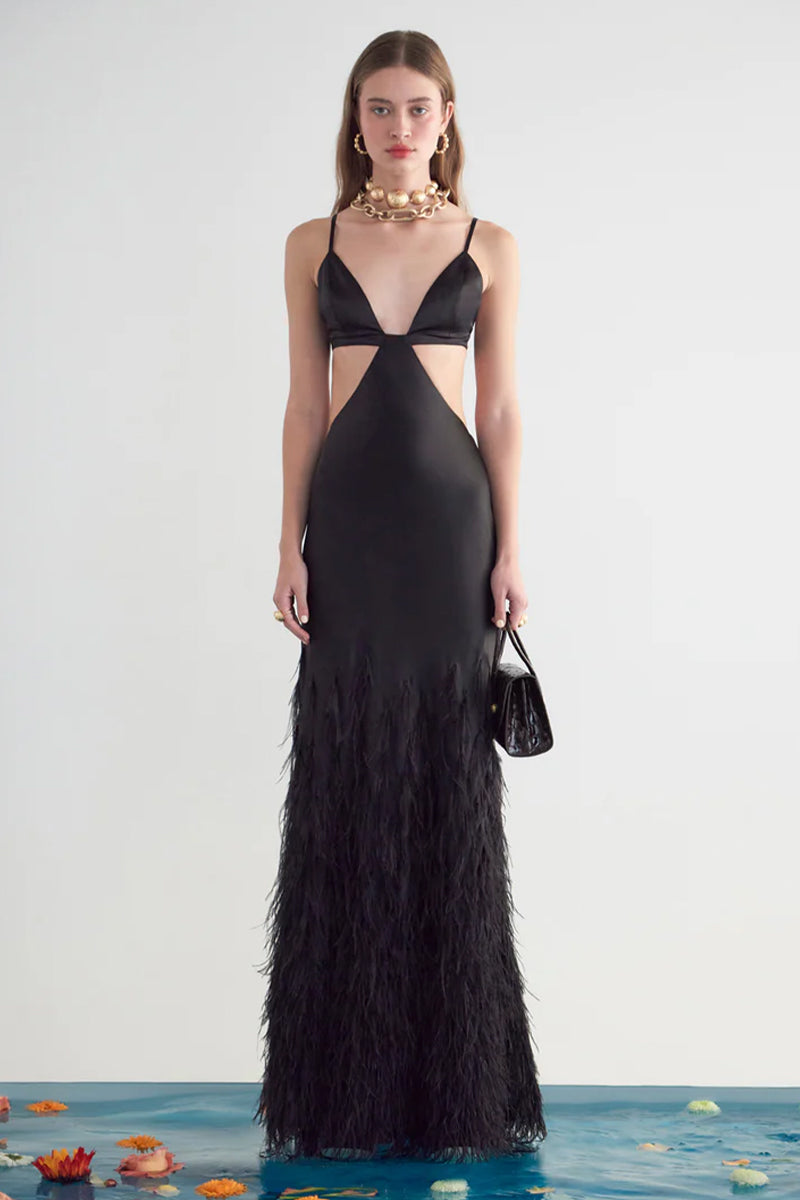 Lena Satin Cutout Ostrich Feather Maxi Dress | Jewelclues | #color_black
