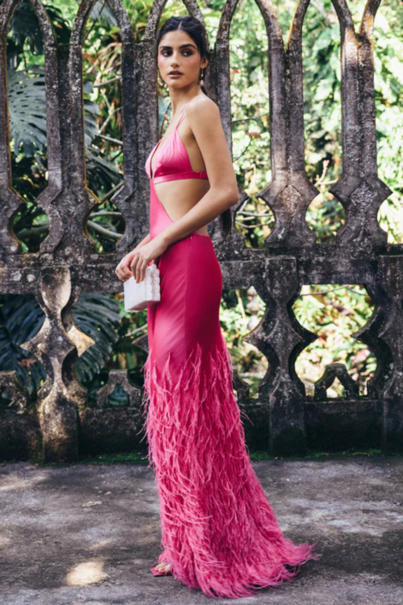 Lena Satin Cutout Ostrich Feather Maxi Dress | Jewelclues | #color_hot pink