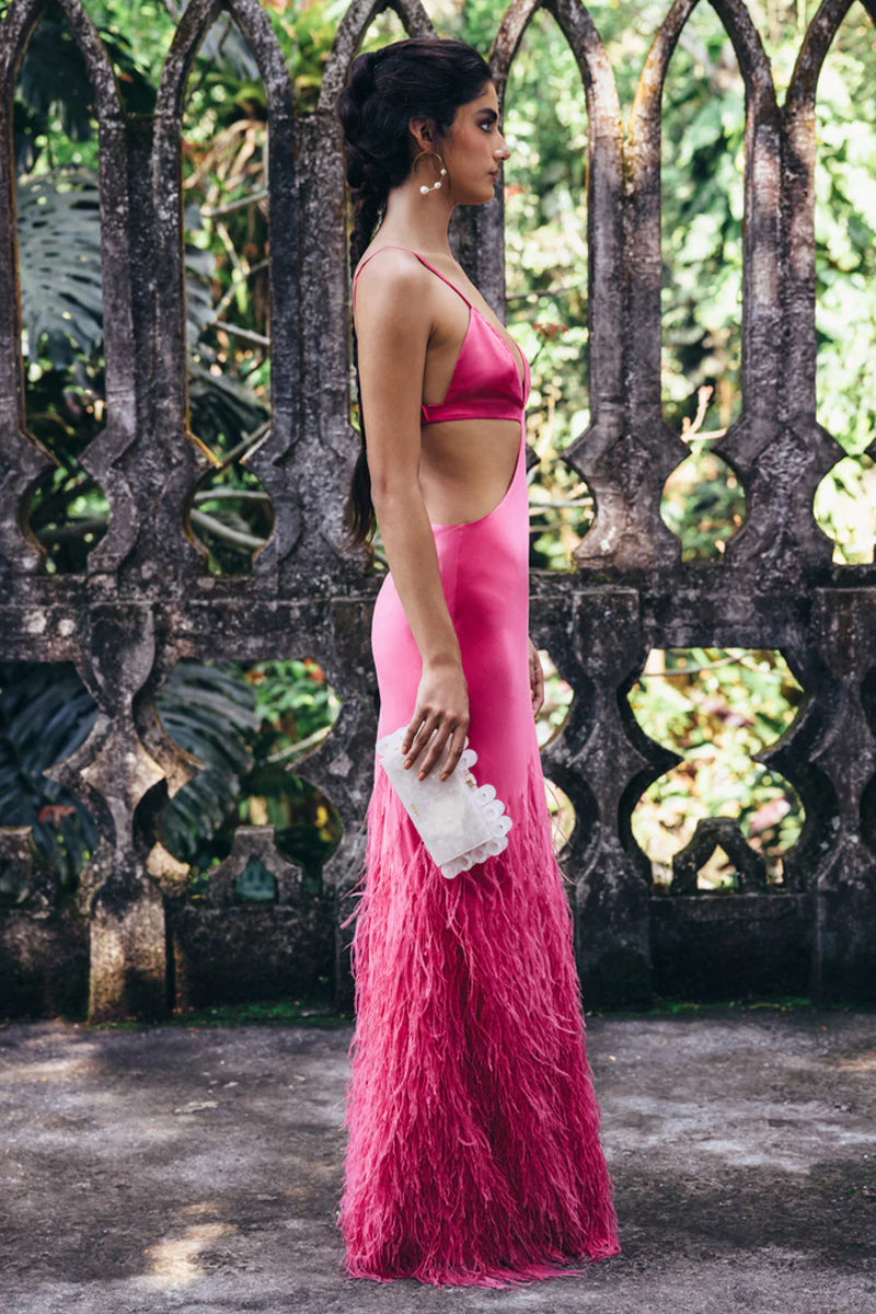Lena Satin Cutout Ostrich Feather Maxi Dress | Jewelclues | #color_hot pink