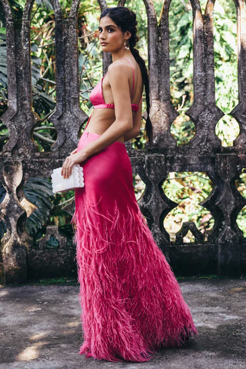 Lena Satin Cutout Ostrich Feather Maxi Dress | Jewelclues | #color_hot pink