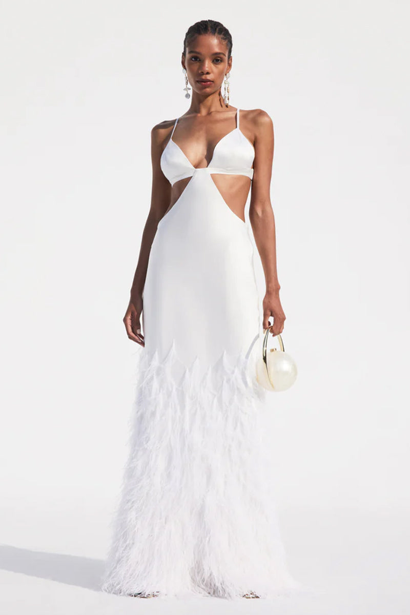 Lena Satin Cutout Ostrich Feather Maxi Dress | Jewelclues | #color_white