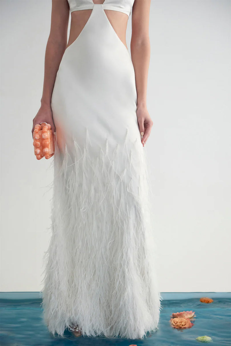 Lena Satin Cutout Ostrich Feather Maxi Dress | Jewelclues | #color_white