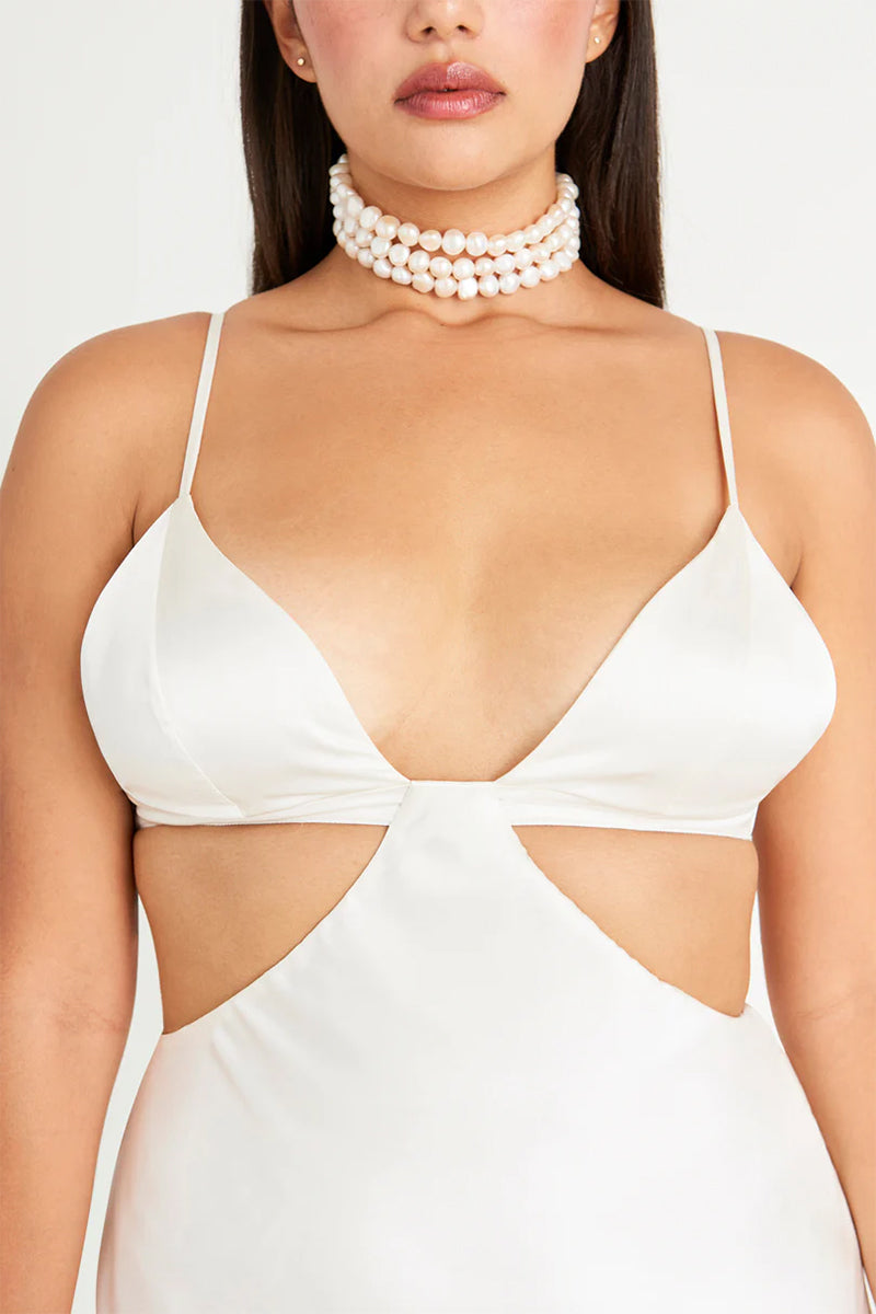 Lena Satin Cutout Ostrich Feather Maxi Dress | Jewelclues | #color_white