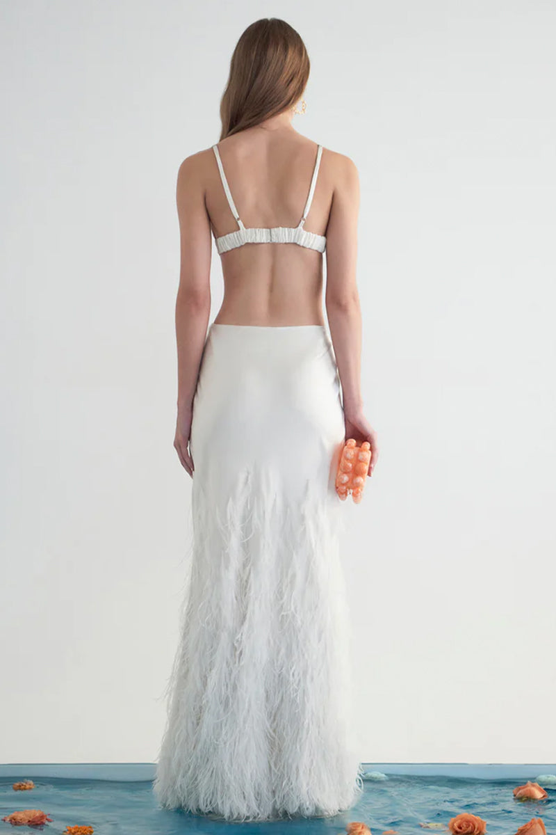Lena Satin Cutout Ostrich Feather Maxi Dress | Jewelclues | #color_white