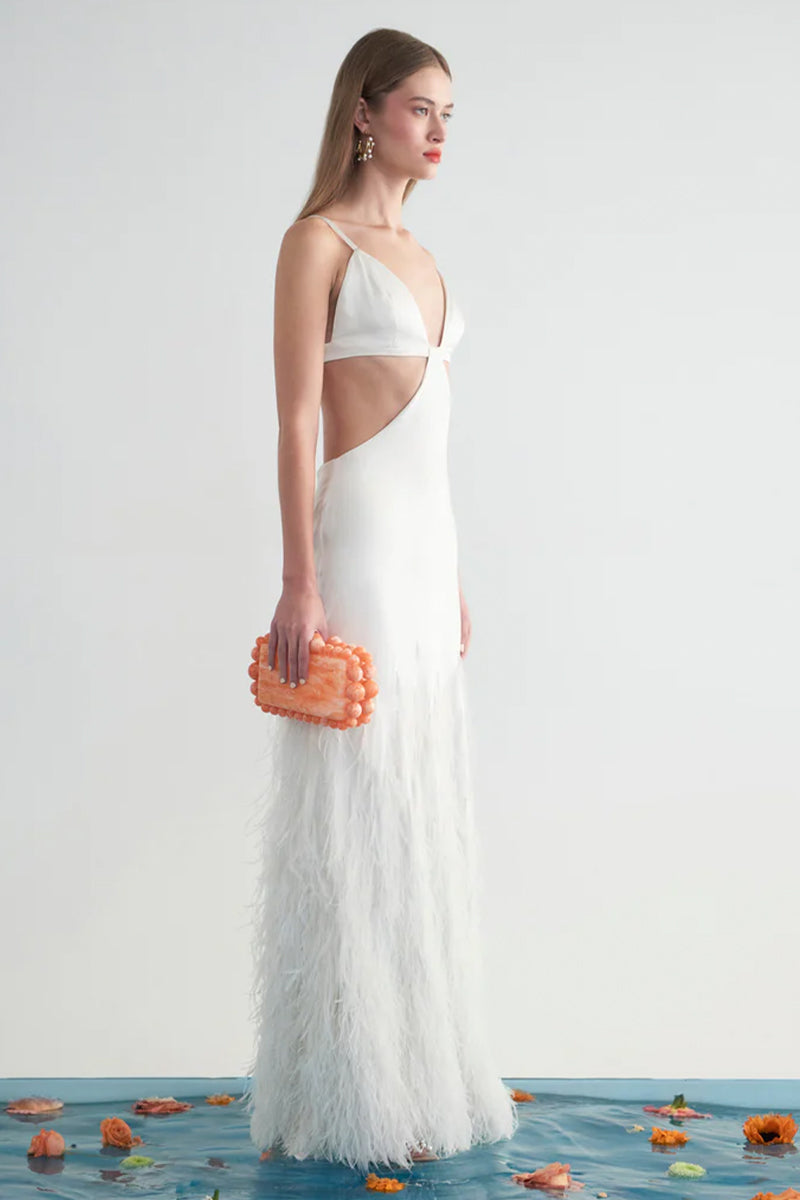 Lena Satin Cutout Ostrich Feather Maxi Dress | Jewelclues | #color_white