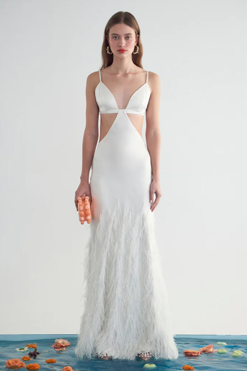 Lena Satin Cutout Ostrich Feather Maxi Dress | Jewelclues | #color_white