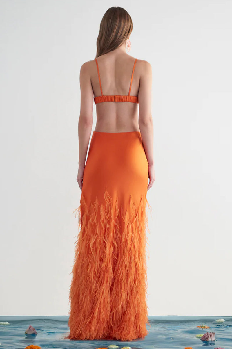 Color_Orange | Lena Satin Cutout Ostrich Feather Maxi Dress | Jewelclues