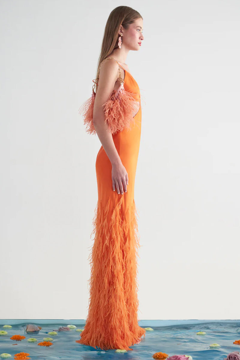 Lena Satin Cutout Ostrich Feather Maxi Dress | Jewelclues | #color_orange