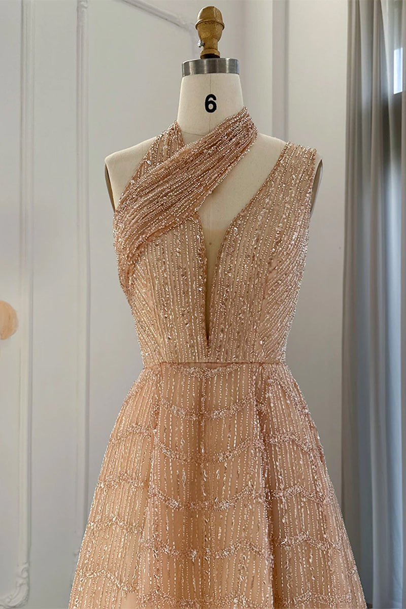 Lifelong Romance Beaded Sequin Halter Maxi Dress | Jewelclues | #color_champagne
