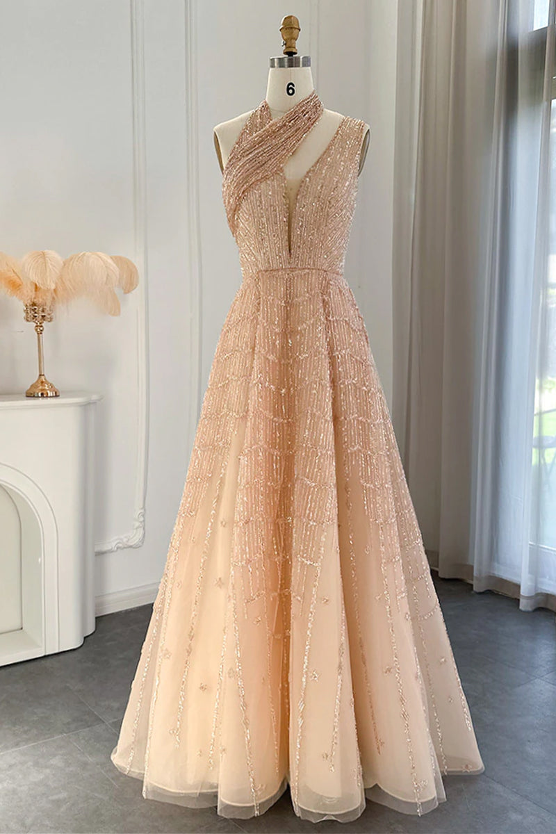 Lifelong Romance Beaded Sequin Halter Maxi Dress | Jewelclues | #color_champagne