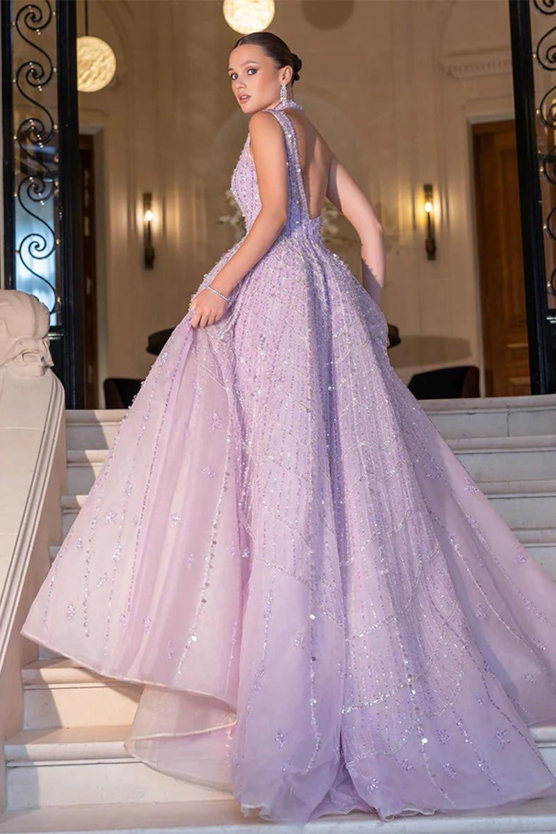 Color_Lilac | Lifelong Romance Beaded Sequin Halter Maxi Dress | Jewelclues
