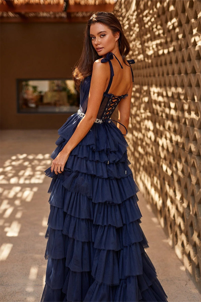Love Stays True Frill-Layered Tulle Maxi Dress | Jewelclues | #color_navy blue