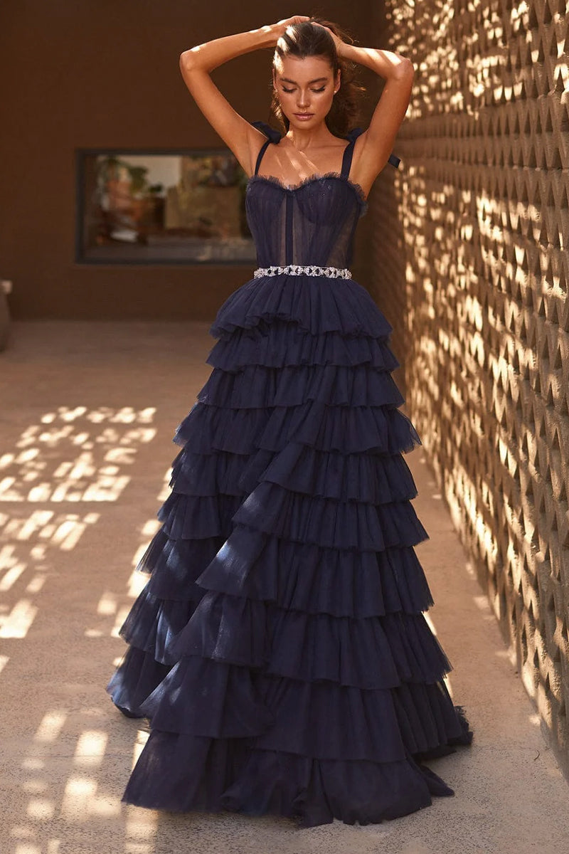 Love Stays True Frill-Layered Tulle Maxi Dress | Jewelclues | #color_navy blue