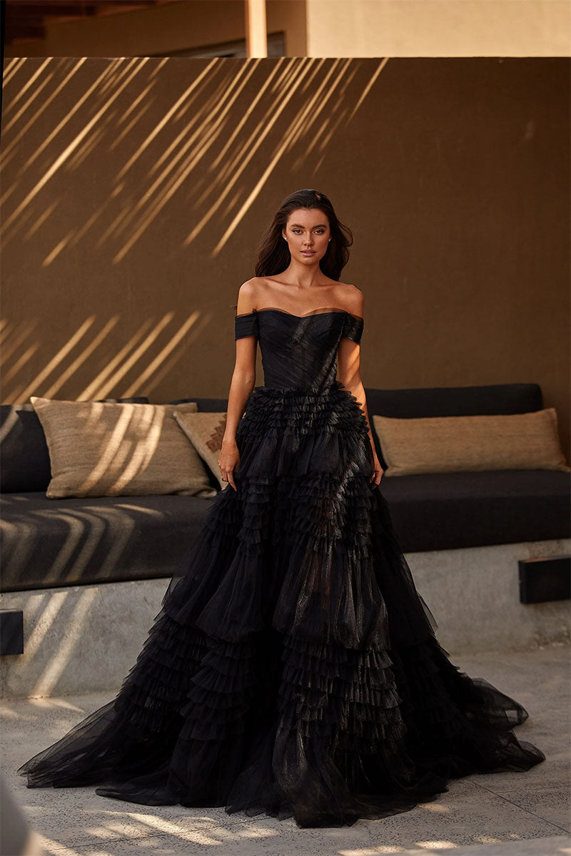 Love You So Off-The-Shoulder Frill-Layered Maxi Dress | Jewelclues | #color_black