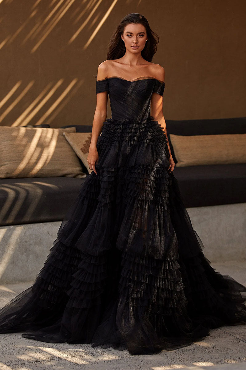 Love You So Off-The-Shoulder Frill-Layered Maxi Dress | Jewelclues | #color_black