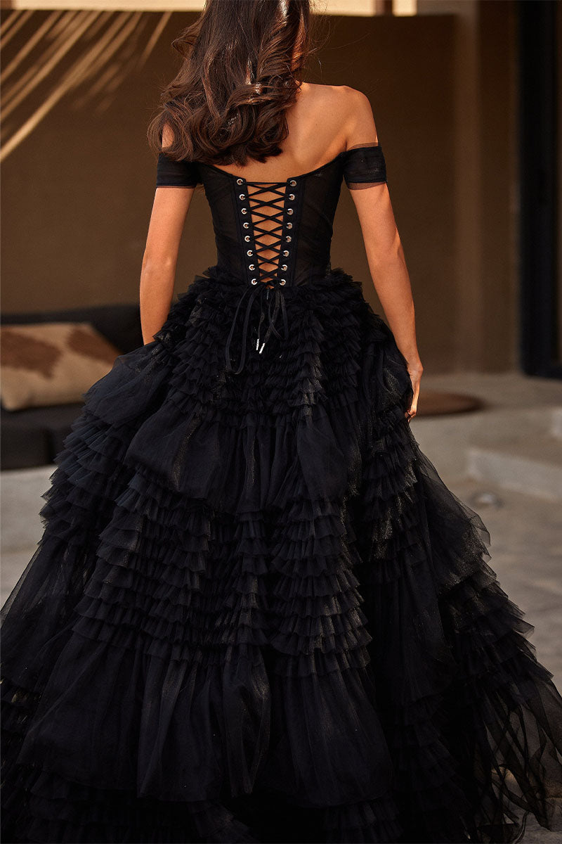 Love You So Off-The-Shoulder Frill-Layered Maxi Dress | Jewelclues | #color_black