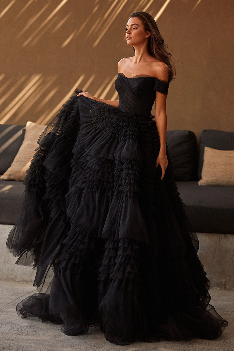 Love You So Off-The-Shoulder Frill-Layered Maxi Dress | Jewelclues | #color_black