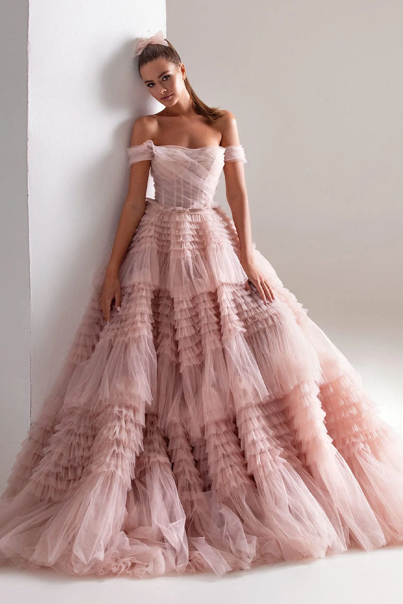 Love You So Off-The-Shoulder Frill-Layered Maxi Dress | Jewelclues | #color_blush
