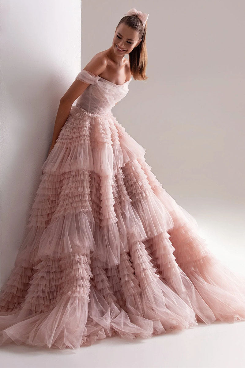 Love You So Off-The-Shoulder Frill-Layered Maxi Dress | Jewelclues | #color_blush