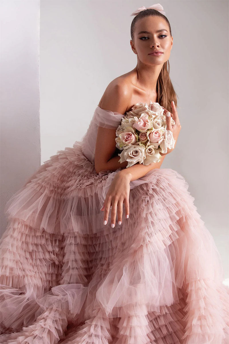 Love You So Off-The-Shoulder Frill-Layered Maxi Dress | Jewelclues | #color_blush