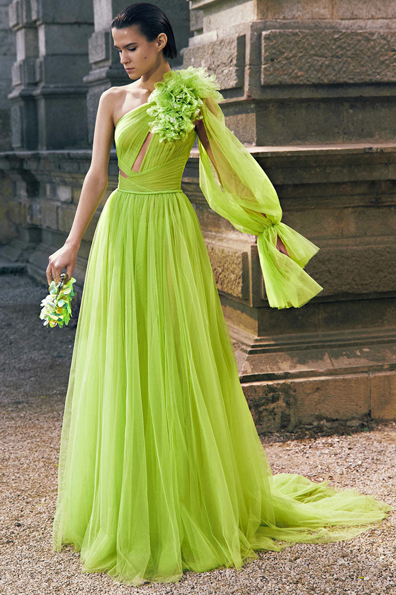 One Shoulder Tulle Maxi Dress