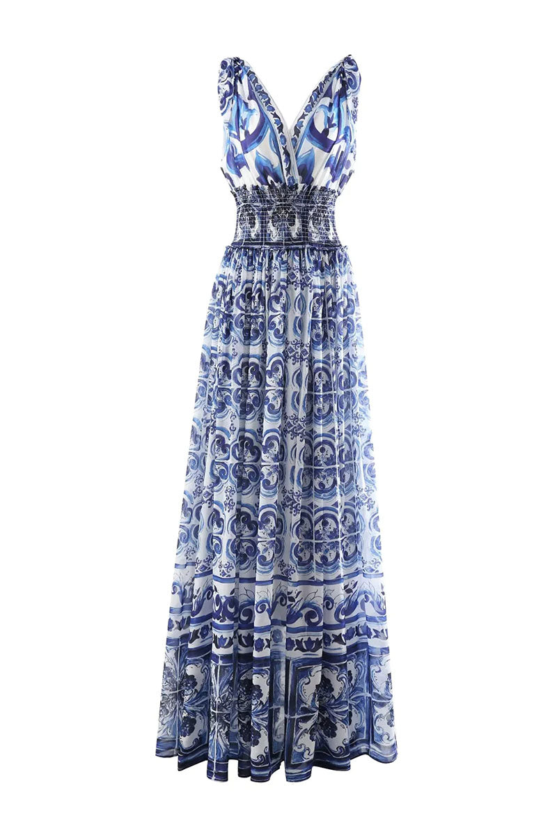 Mediterraneo Long Majolica Print Maxi Dress | Jewelclues #color_blue