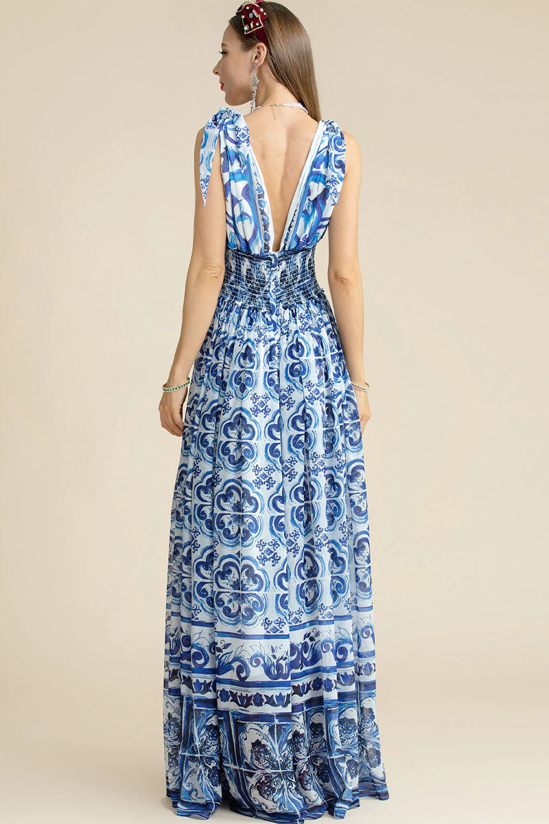 Mediterraneo Long Majolica Print Maxi Dress | Jewelclues #color_blue