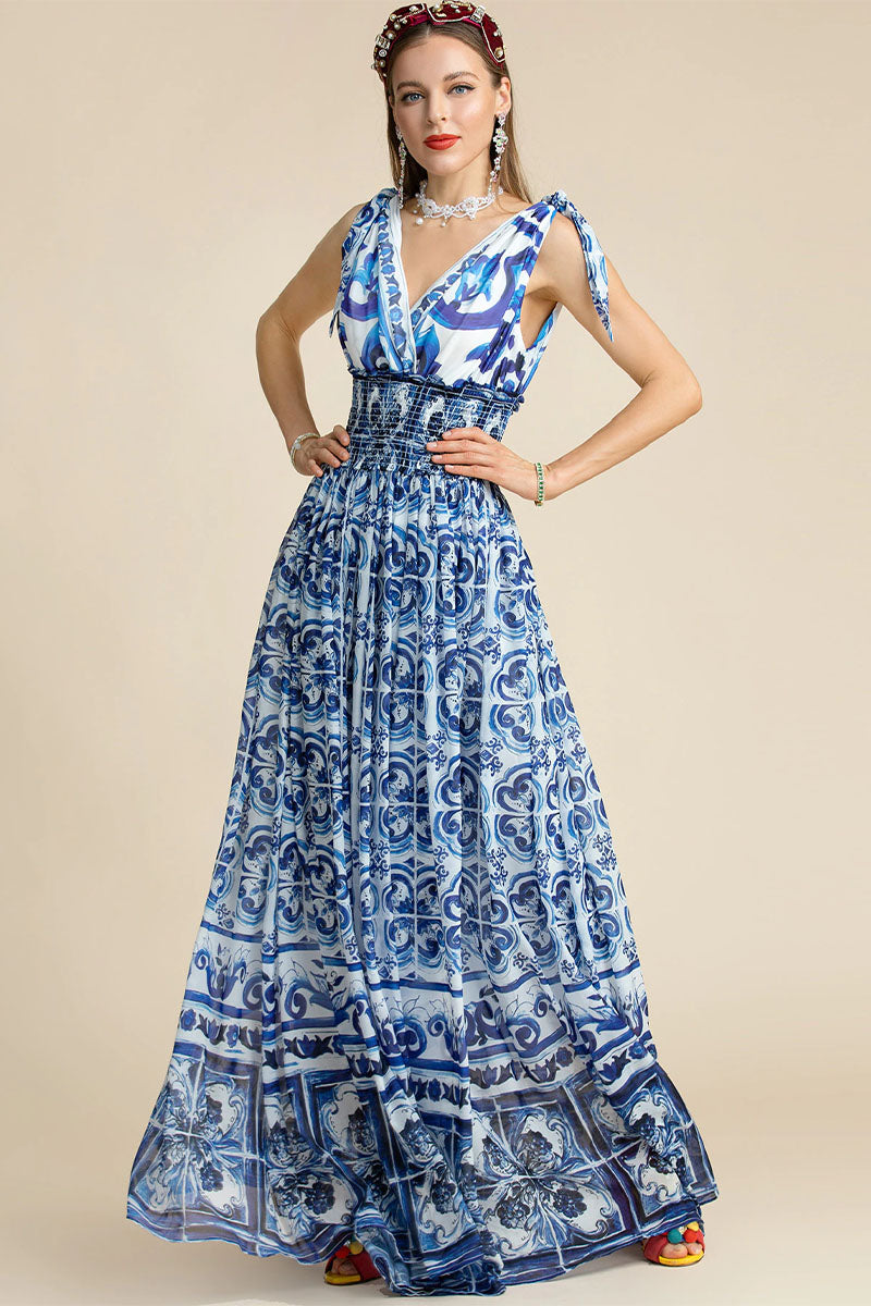 Mediterraneo Long Majolica Print Maxi Dress | Jewelclues #color_blue