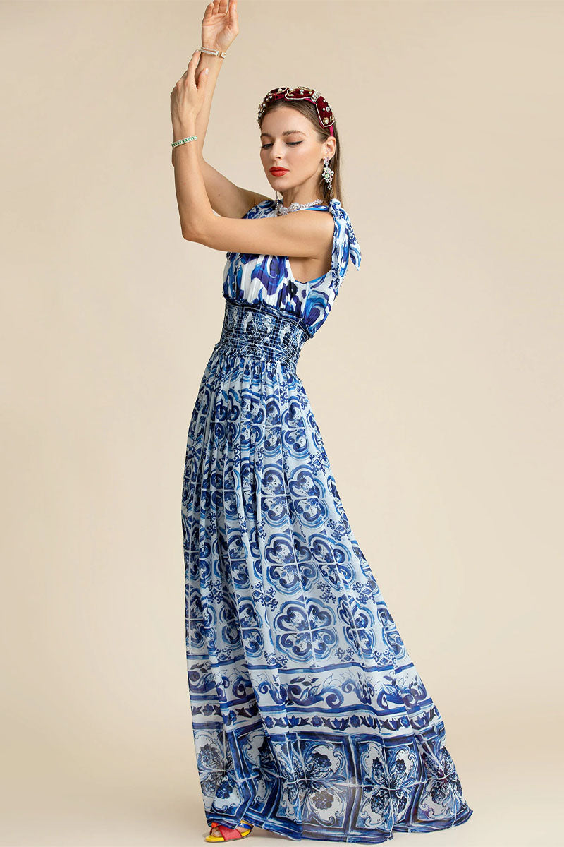 Mediterraneo Long Majolica Print Maxi Dress | Jewelclues #color_blue