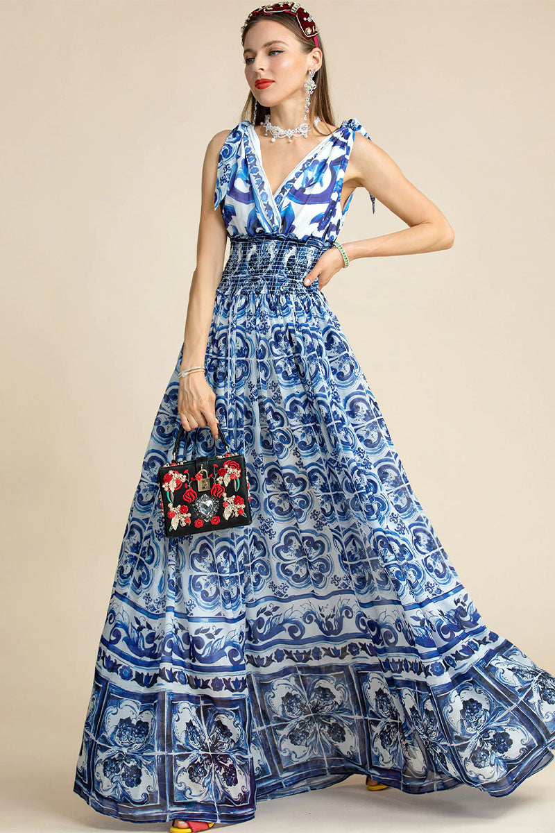 Mediterraneo Long Majolica Print Maxi Dress | Jewelclues #color_blue