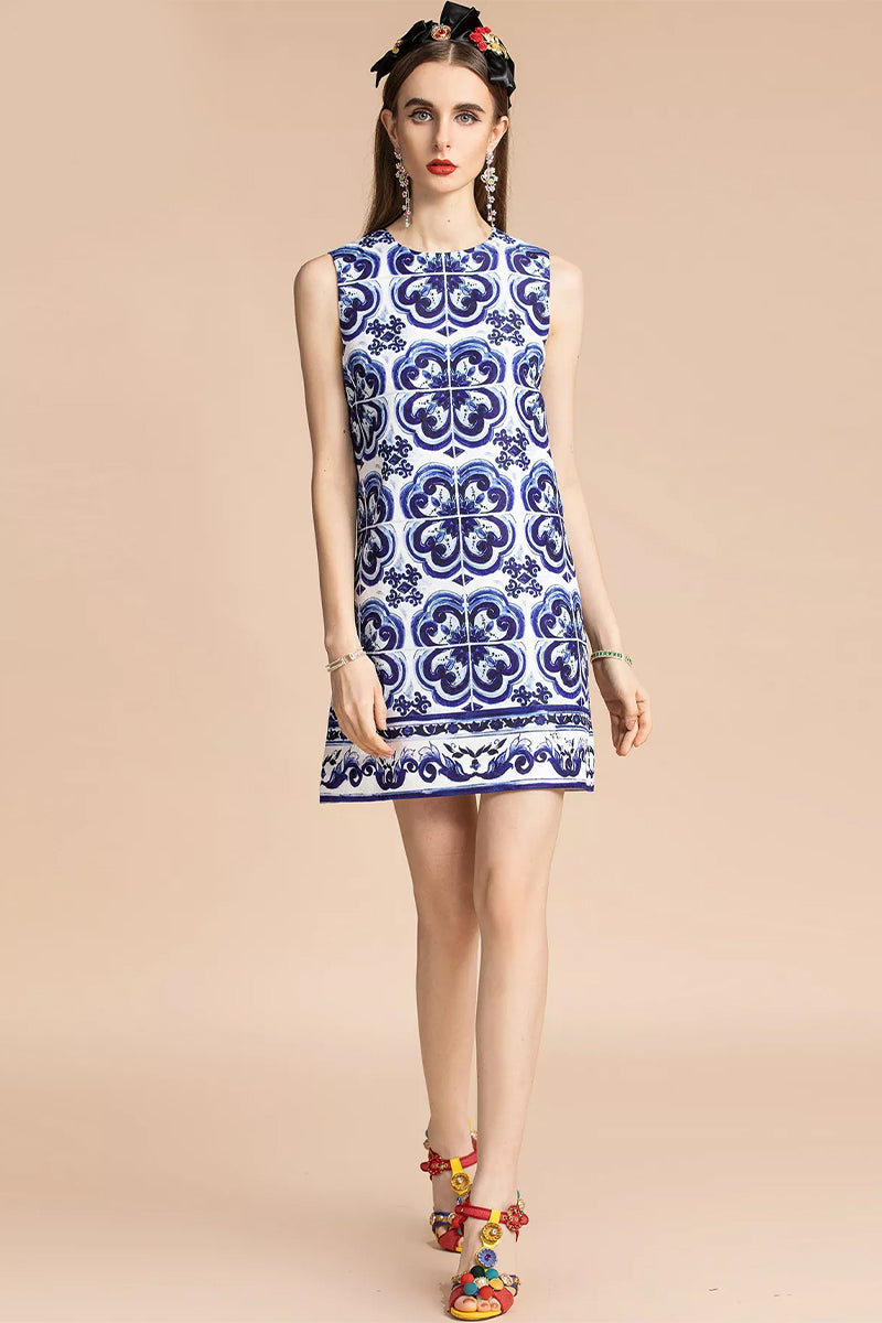 Mediterraneo Tile-Print Brocade Mini Dress | Jewelclues | #color_blue