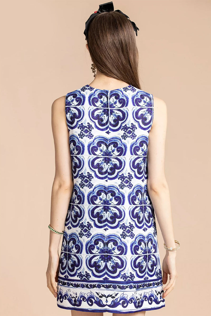 Mediterraneo Tile-Print Brocade Mini Dress | Jewelclues | #color_blue