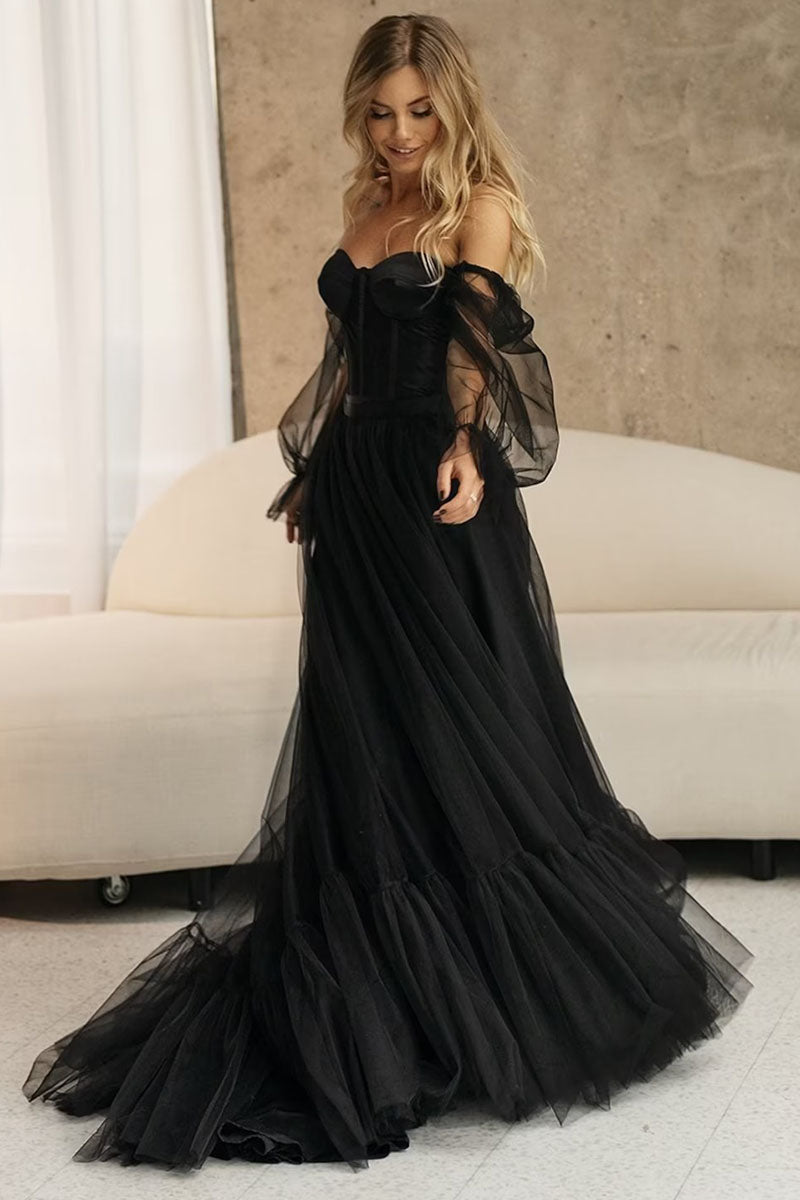 Promise of Love Black Long Sleeve Tulle Maxi Dress | Jewelclues